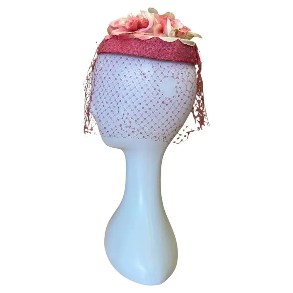 1950s Pink Floral Fascinator Hat | Vintage Veiled Cocktail Church Wedding Hat